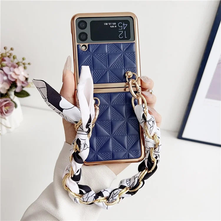 For Samsung Galaxy Z Flip3 5G Case Electroplating PU+PC Phone Cover with Strap