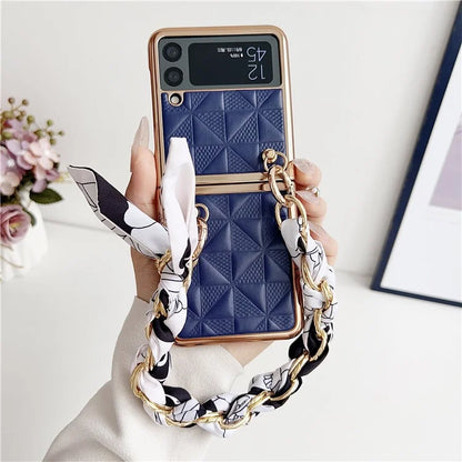 For Samsung Galaxy Z Flip3 5G Case Electroplating PU+PC Phone Cover with Strap