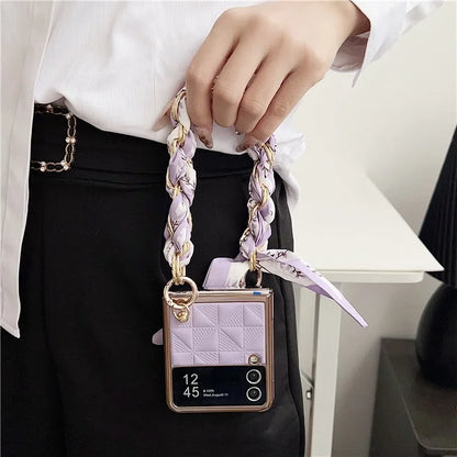For Samsung Galaxy Z Flip3 5G Case Electroplating PU+PC Phone Cover with Strap