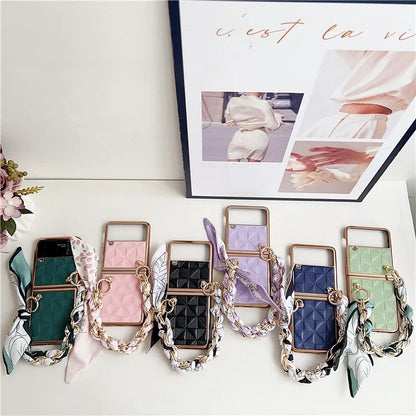 For Samsung Galaxy Z Flip3 5G Case Electroplating PU+PC Phone Cover with Strap