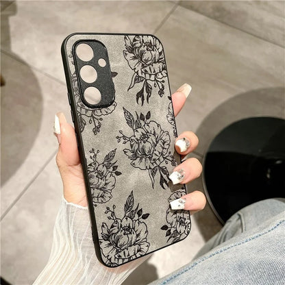 For Samsung Galaxy A34 5G Case Flower Pattern PU+PC+TPU Retro Phone Cover