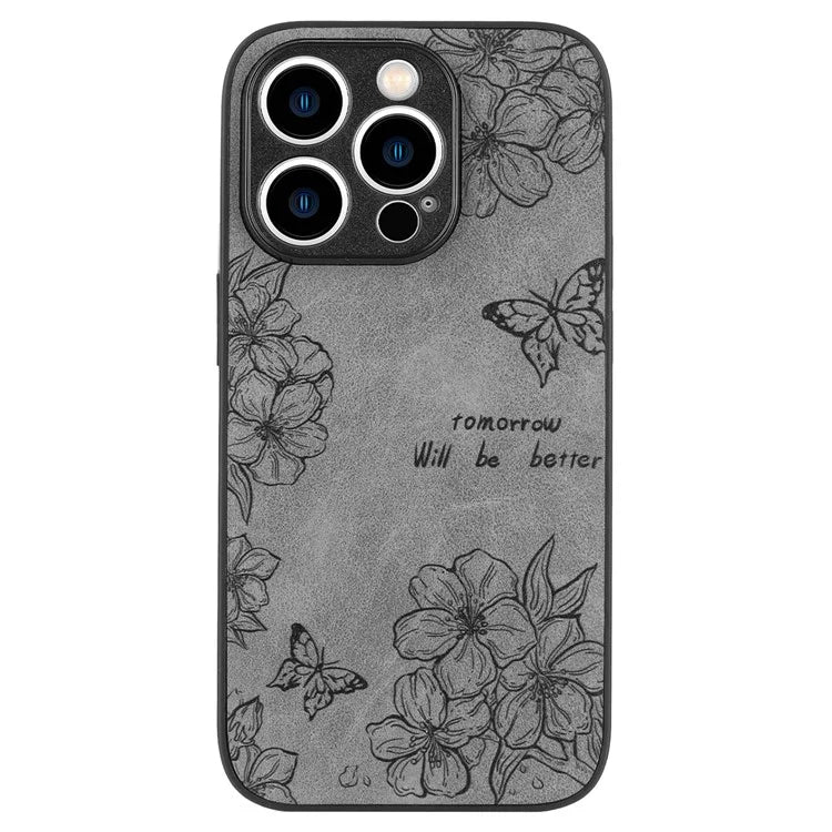 For iPhone 15 Pro Max Case Retro PU Leather Coating Flower Pattern Phone Cover
