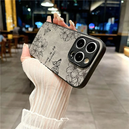 For iPhone 15 Pro Max Case Retro PU Leather Coating Flower Pattern Phone Cover