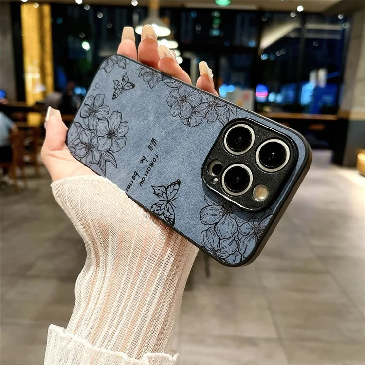 For iPhone 15 Pro Max Case Retro PU Leather Coating Flower Pattern Phone Cover