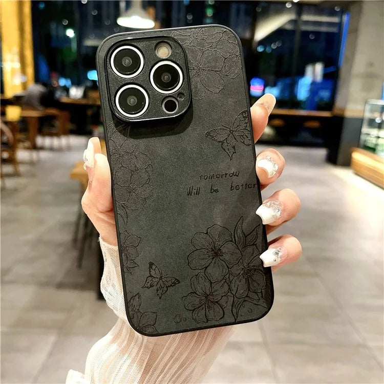 For iPhone 15 Pro Max Case Retro PU Leather Coating Flower Pattern Phone Cover
