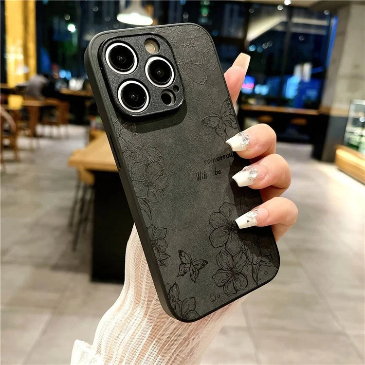 For iPhone 15 Pro Max Case Retro PU Leather Coating Flower Pattern Phone Cover