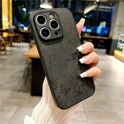 For iPhone 15 Pro Max Case Retro PU Leather Coating Flower Pattern Phone Cover