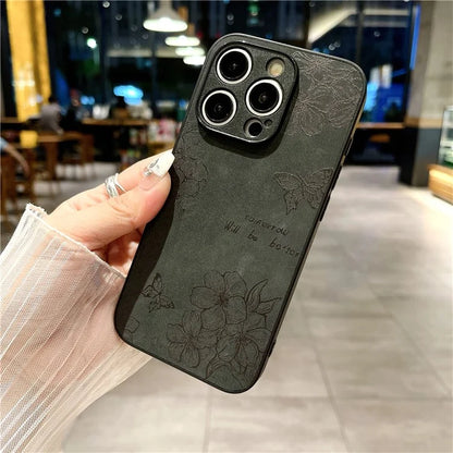 For iPhone 15 Pro Max Case Retro PU Leather Coating Flower Pattern Phone Cover