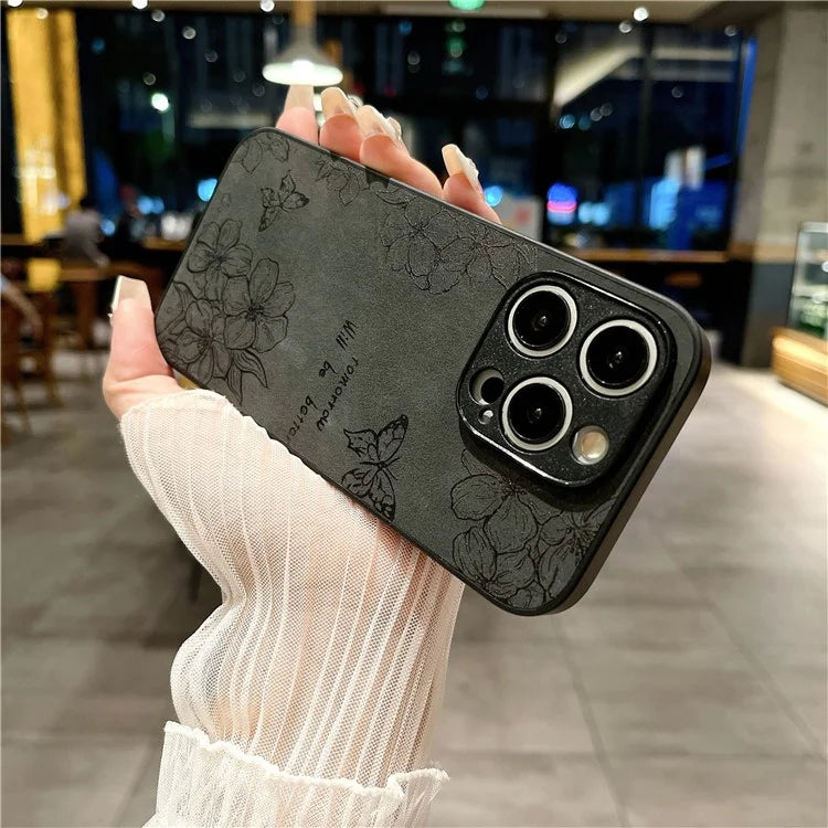 For iPhone 15 Pro Max Case Retro PU Leather Coating Flower Pattern Phone Cover