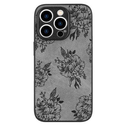 For iPhone 15 Pro Max Case Retro PU Leather Coating Flower Pattern Phone Cover