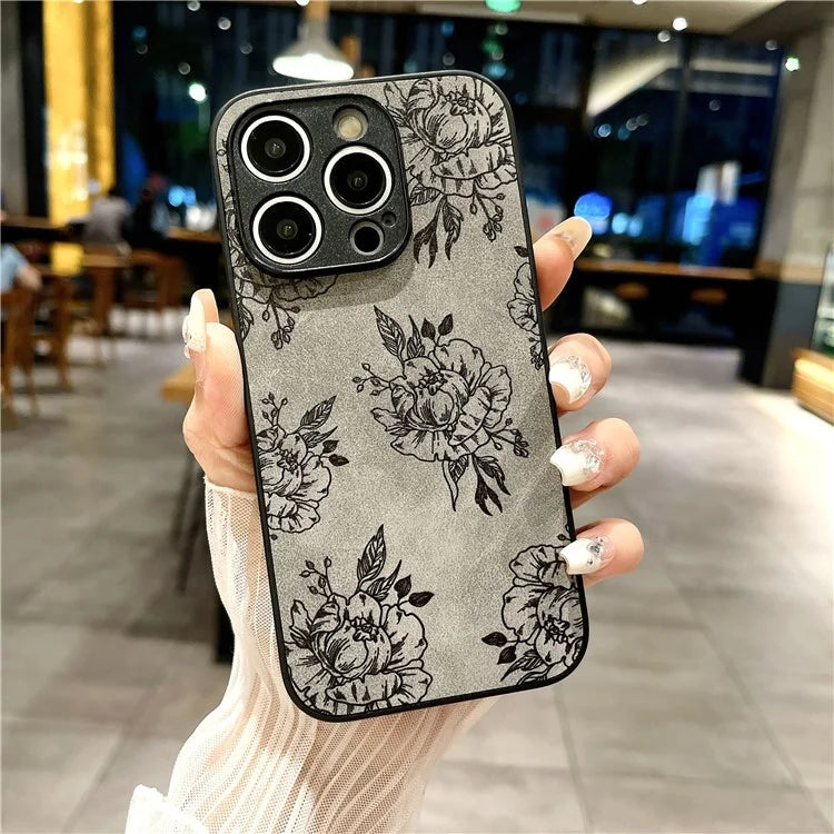 For iPhone 15 Pro Max Case Retro PU Leather Coating Flower Pattern Phone Cover