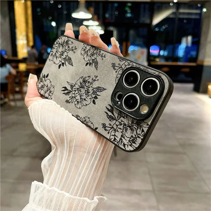 For iPhone 15 Pro Max Case Retro PU Leather Coating Flower Pattern Phone Cover