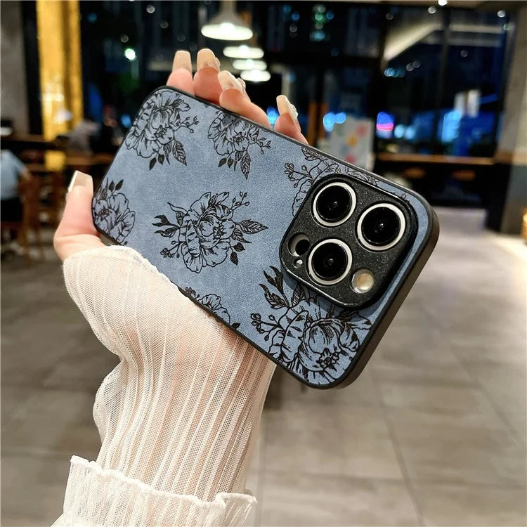 For iPhone 15 Pro Max Case Retro PU Leather Coating Flower Pattern Phone Cover