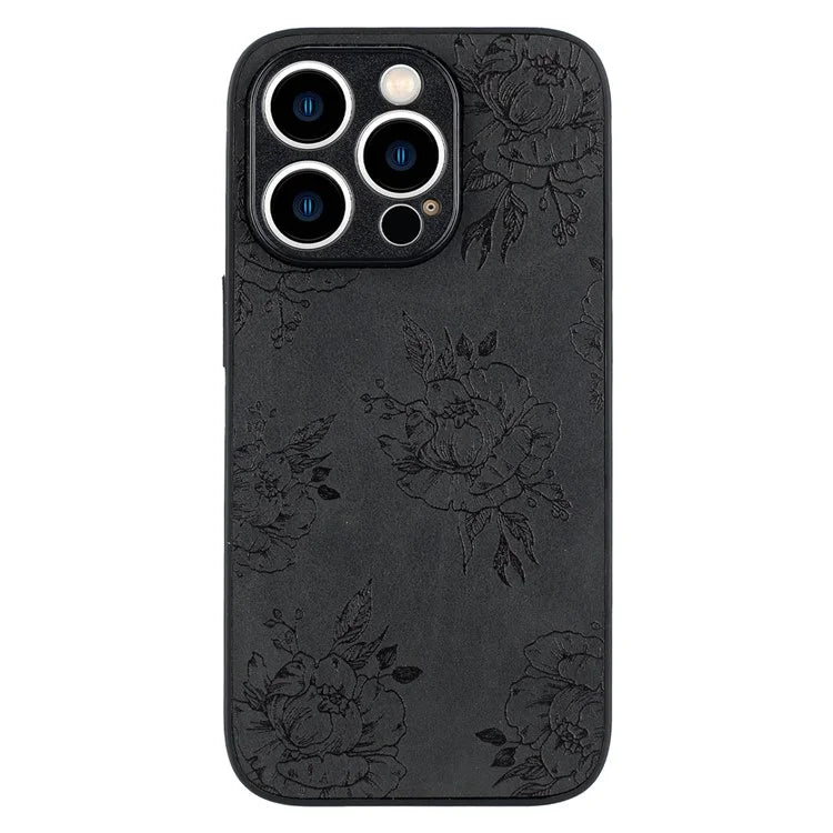 For iPhone 15 Pro Max Case Retro PU Leather Coating Flower Pattern Phone Cover
