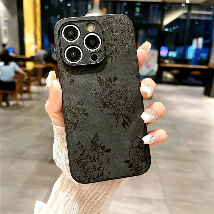 For iPhone 15 Pro Max Case Retro PU Leather Coating Flower Pattern Phone Cover