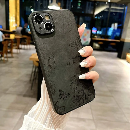 For iPhone 13 Floral Phone Case PU Leather Coated PC+TPU Retro Back Cover