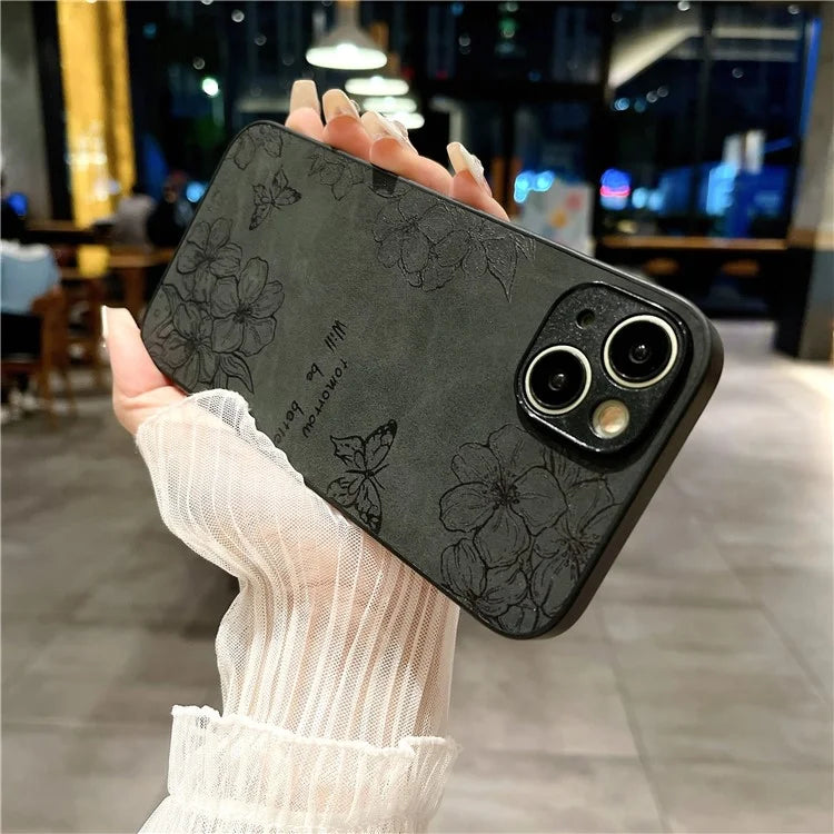 For iPhone 13 Floral Phone Case PU Leather Coated PC+TPU Retro Back Cover