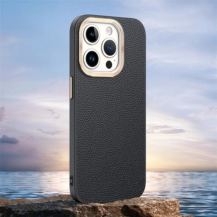 For iPhone 14 Pro Max Cover PU Leather+TPU Shockproof Phone Case with Metal Lens Frame