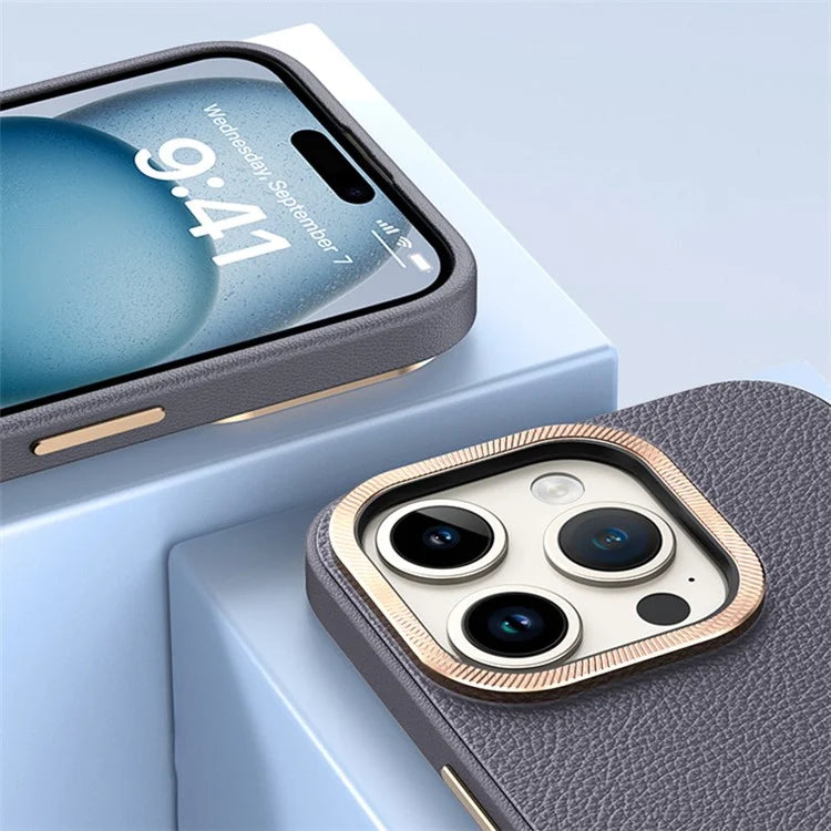 For iPhone 14 Pro Max Cover PU Leather+TPU Shockproof Phone Case with Metal Lens Frame