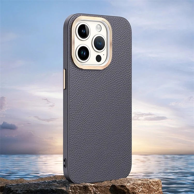 For iPhone 14 Pro Max Cover PU Leather+TPU Shockproof Phone Case with Metal Lens Frame