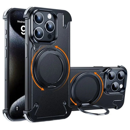 For iPhone 15 Pro Max Magnetic Case Genuine Cow Leather+PC Kickstand Frameless Back Cover