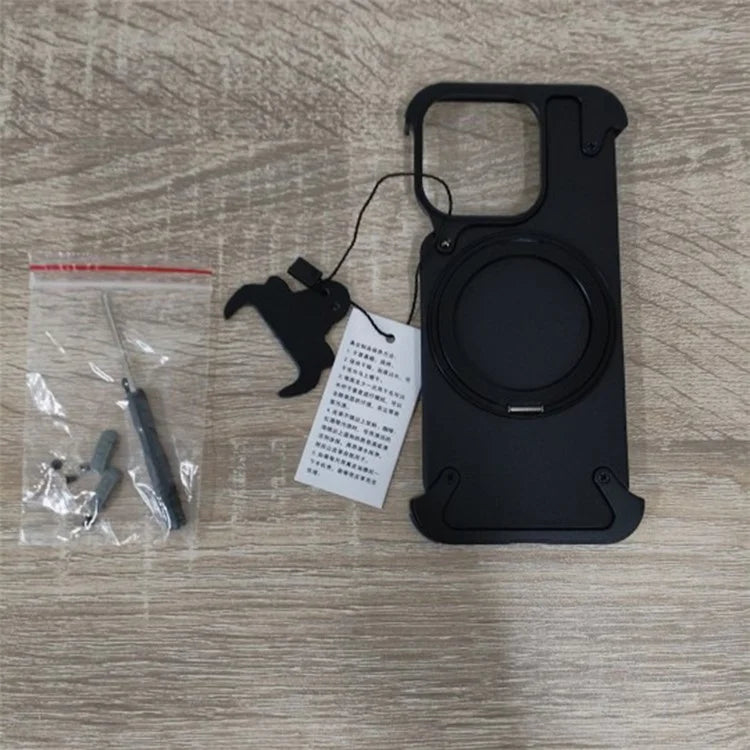 For iPhone 15 Pro Max Magnetic Case Genuine Cow Leather+PC Kickstand Frameless Back Cover
