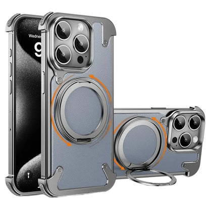 For iPhone 15 Pro Max Magnetic Case Genuine Cow Leather+PC Kickstand Frameless Back Cover
