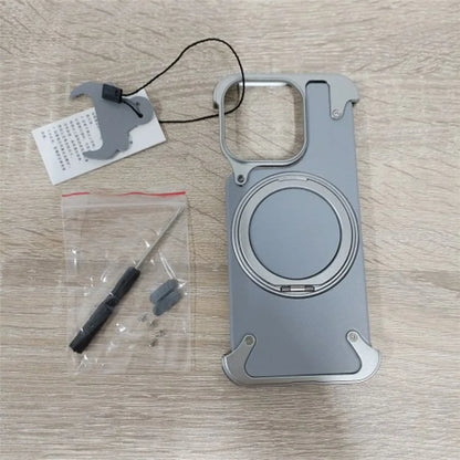 For iPhone 15 Pro Max Magnetic Case Genuine Cow Leather+PC Kickstand Frameless Back Cover