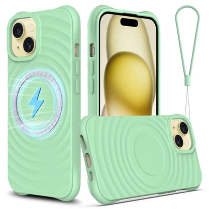 For iPhone 15 Magnetic Case Water Ripple Texture Liquid Silicone Protective Phone Shell with Handy Strap