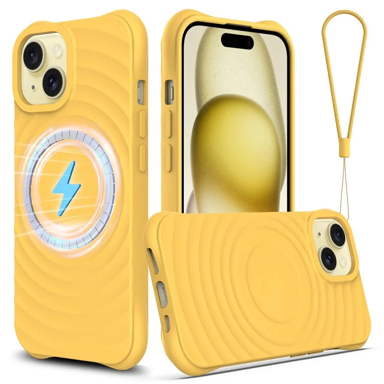 For iPhone 15 Magnetic Case Water Ripple Texture Liquid Silicone Protective Phone Shell with Handy Strap