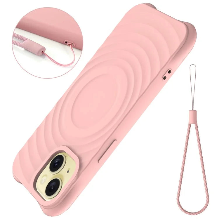 For iPhone 15 Magnetic Case Water Ripple Texture Liquid Silicone Protective Phone Shell with Handy Strap