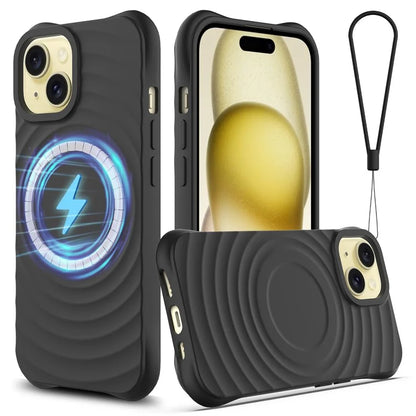 For iPhone 15 Plus Liquid Silicone Case Magnetic Phone Cover with Strap Ripple Texture