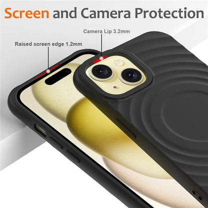 For iPhone 15 Plus Liquid Silicone Case Magnetic Phone Cover with Strap Ripple Texture