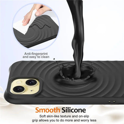 For iPhone 15 Plus Liquid Silicone Case Magnetic Phone Cover with Strap Ripple Texture