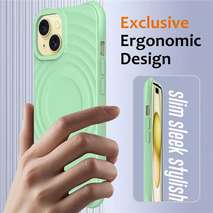 For iPhone 15 Plus Liquid Silicone Case Magnetic Phone Cover with Strap Ripple Texture