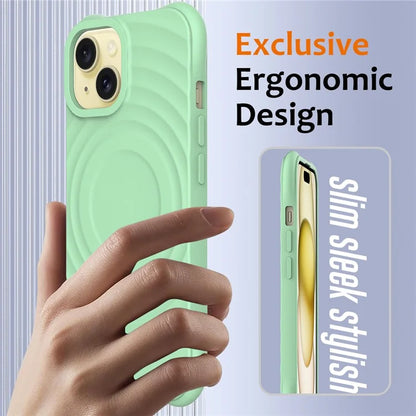 For iPhone 15 Plus Liquid Silicone Case Magnetic Phone Cover with Strap Ripple Texture