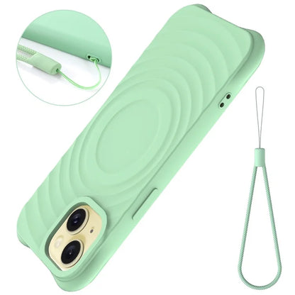 For iPhone 15 Plus Liquid Silicone Case Magnetic Phone Cover with Strap Ripple Texture