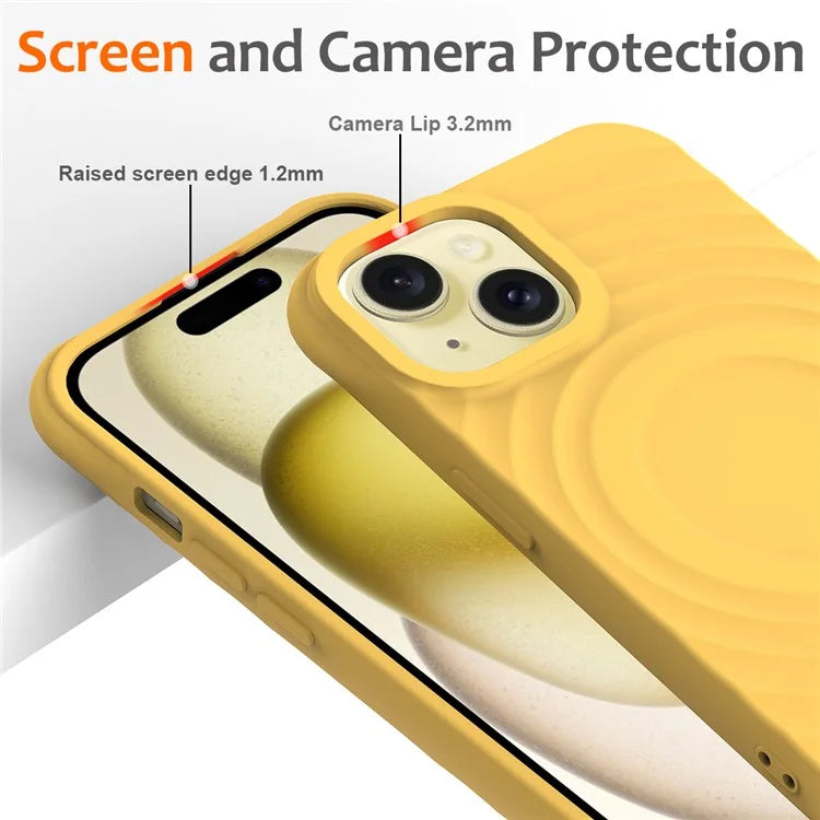 For iPhone 15 Plus Liquid Silicone Case Magnetic Phone Cover with Strap Ripple Texture
