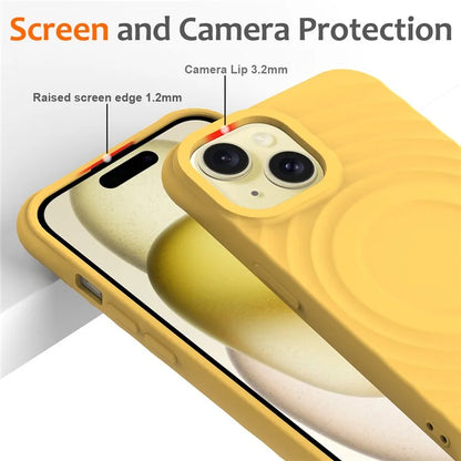 For iPhone 15 Plus Liquid Silicone Case Magnetic Phone Cover with Strap Ripple Texture