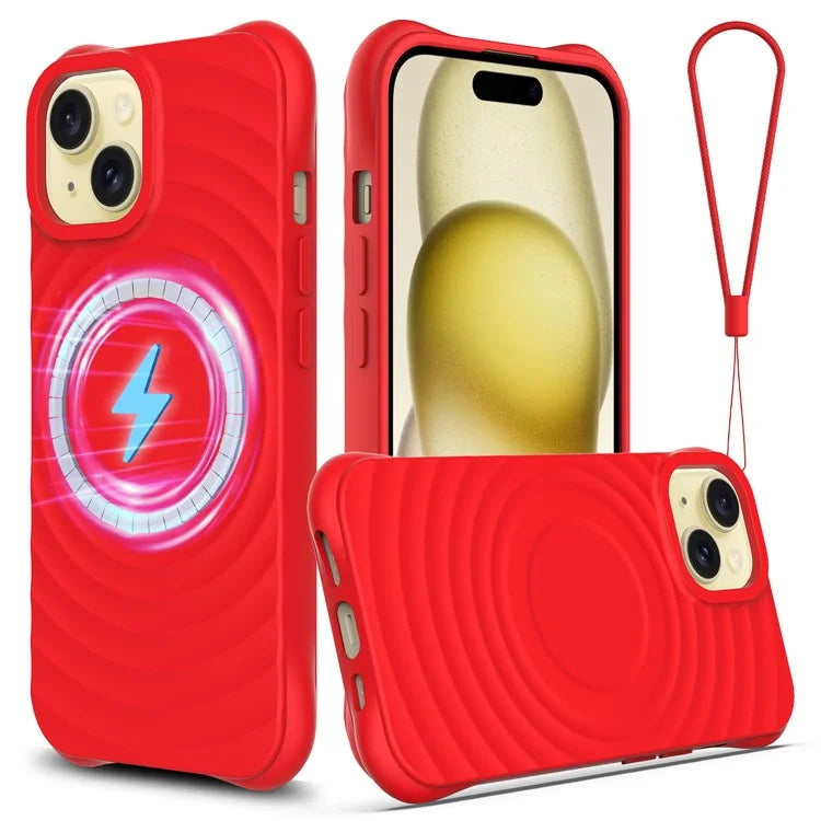 For iPhone 15 Plus Liquid Silicone Case Magnetic Phone Cover with Strap Ripple Texture