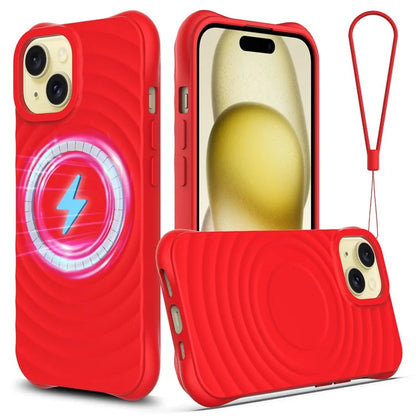 For iPhone 15 Plus Liquid Silicone Case Magnetic Phone Cover with Strap Ripple Texture
