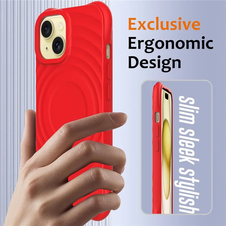 For iPhone 15 Plus Liquid Silicone Case Magnetic Phone Cover with Strap Ripple Texture