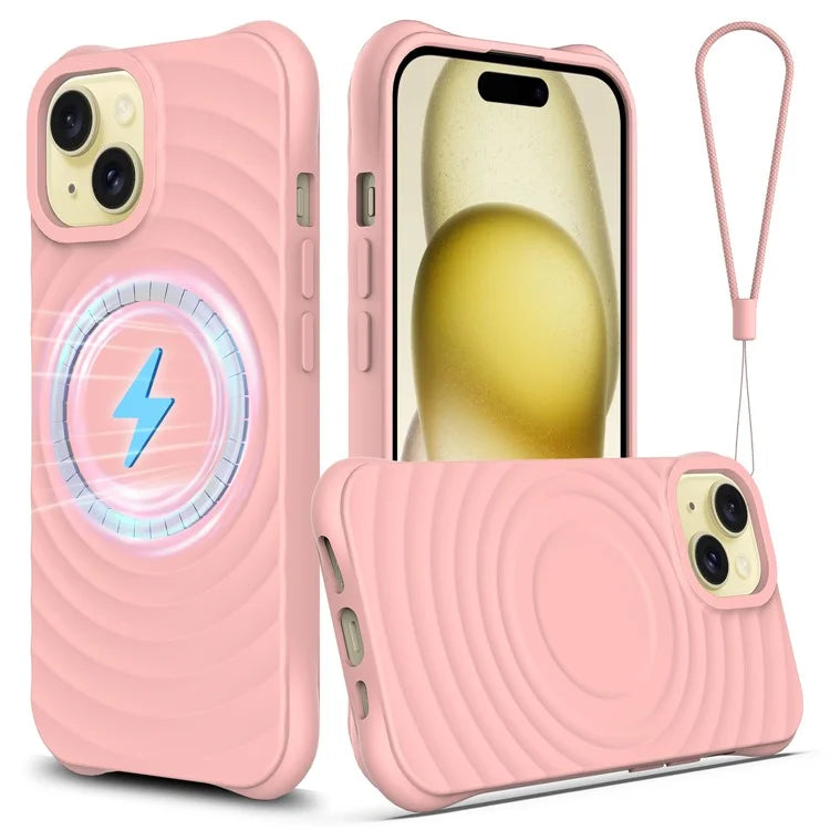 For iPhone 15 Plus Liquid Silicone Case Magnetic Phone Cover with Strap Ripple Texture
