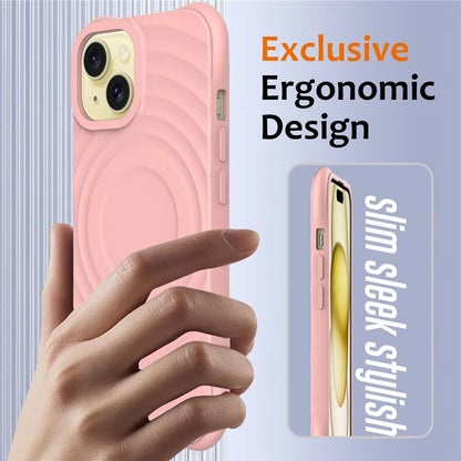 For iPhone 15 Plus Liquid Silicone Case Magnetic Phone Cover with Strap Ripple Texture