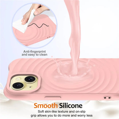 For iPhone 15 Plus Liquid Silicone Case Magnetic Phone Cover with Strap Ripple Texture