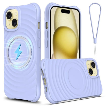 For iPhone 15 Plus Liquid Silicone Case Magnetic Phone Cover with Strap Ripple Texture