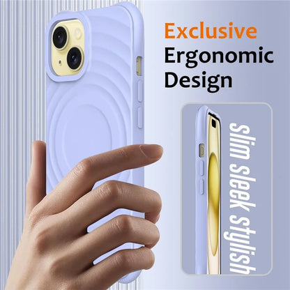 For iPhone 15 Plus Liquid Silicone Case Magnetic Phone Cover with Strap Ripple Texture