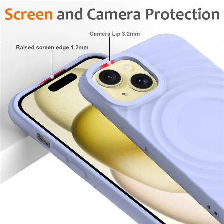 For iPhone 15 Plus Liquid Silicone Case Magnetic Phone Cover with Strap Ripple Texture