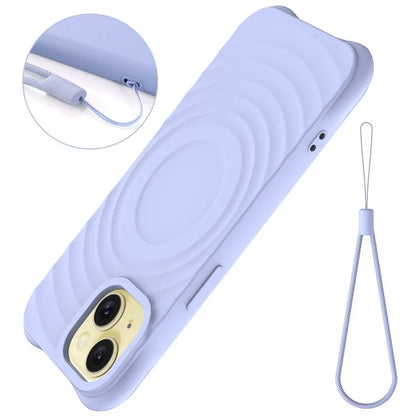 For iPhone 15 Plus Liquid Silicone Case Magnetic Phone Cover with Strap Ripple Texture