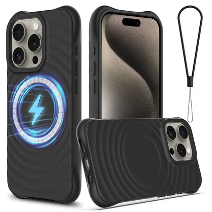 For iPhone 15 Pro Max Magnetic Case Textured Liquid Silicone Phone Cover with Strap